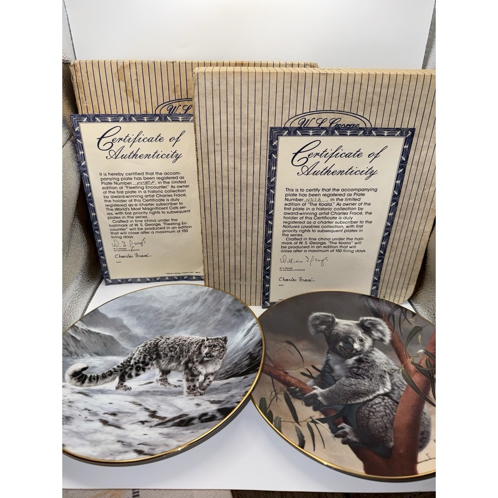 W.S. George Collector Plates 90s…Snow Leopard & Koala‎ Bear W/ COA & Box